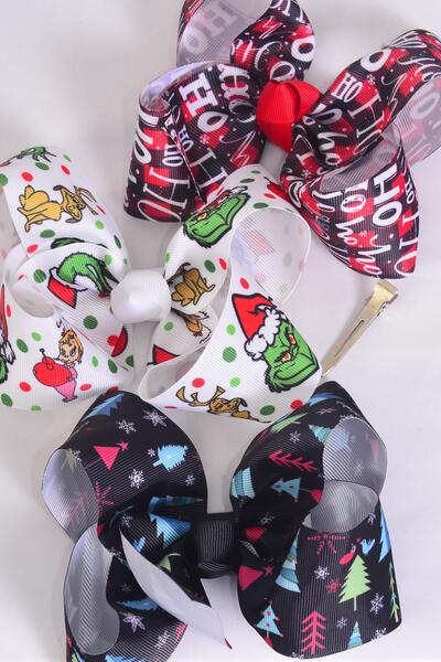 Hair Bow Jumbo Christmas Tree Grinch Hoho Pattern Mix Grosgrain Bow-tie / 12 pcs Bow = Dozen Christmas , Alligator Clip , Size - 6" x 5" Wide , 4 Grinch , 4 Tree , 4 HoHo Pattern Asst , Clip Strip & UPC Code