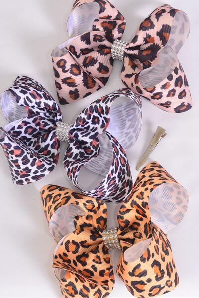 Hair Bow Jumbo Leopard Mix Grosgrain Bow-tie / 12 pcs = Dozen Alligator Clip , Size - 6" x 5" Wide , 4 of each Pattern , Clip Strip & UPC Code