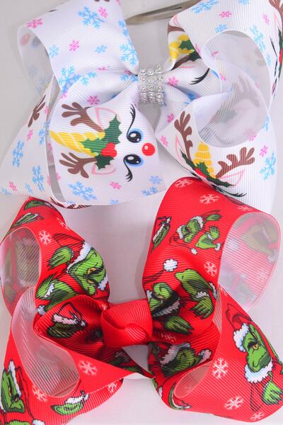 Hair Bow Jumbo Christmass Grinch Reindeer Mix Grosgrain Bow-tie / 12 pcs Bow = Dozen Christmas , Alligator Clip , Size - 6" x 5" Wide , 6 Grinch , 6 Reindeer Pattern Asst , Clip Strip & UPC Code