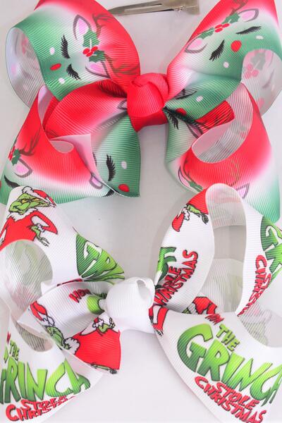 Hair Bow Jumbo Christmas Grinch Reindeer Mix Grosgrain Bow-tie / 12 pcs Bow = Dozen Christmas , Alligator Clip , Size - 6" x 5" Wide , 6 Grinch , 6 Reindeer Pattern Asst , Clip Strip & UPC Code