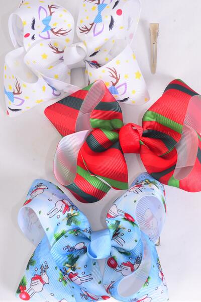 Hair Bow Jumbo Christmas Tree Moose Candy Strip Pattern Mix Grosgrain Bow-tie / 12 pcs Bow = Dozen  Christmas , Alligator Clip , Size - 6" x 5" Wide , 4 Grinch , 4 Tree , 4 HoHo Pattern Asst , Clip Strip & UPC Code