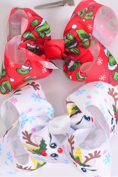 Hair Bow Jumbo Christmass Grinch Reindeer Mix Grosgrain Bow-tie / 12 pcs Bow = Dozen Christmas , Alligator Clip , Size - 6" x 5" Wide , 6 Grinch , 6 Reindeer Pattern Asst , Clip Strip & UPC Code
