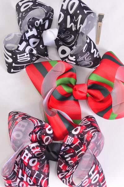Hair Bow Jumbo Christmas HoHo ... Candy Stripe Mix Grosgrain Bow-tie / 12 pcs Bow = Dozen HoHo , Alligator Clip , Size - 6" x 5" Wide , 4 of each Pattern Asst , Clip Strip & UPC Code