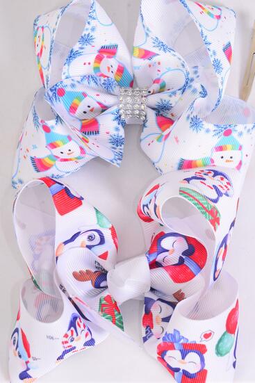 Hair Bow Jumbo Christmas Snowman Penguin Mix Grosgrain Bow-tie / 12 pcs Bow = Dozen  Alligator Clip , Size - 6" x 5" Wide , 6 Of Each Pattern Asst , Clip Strip & UPC Code