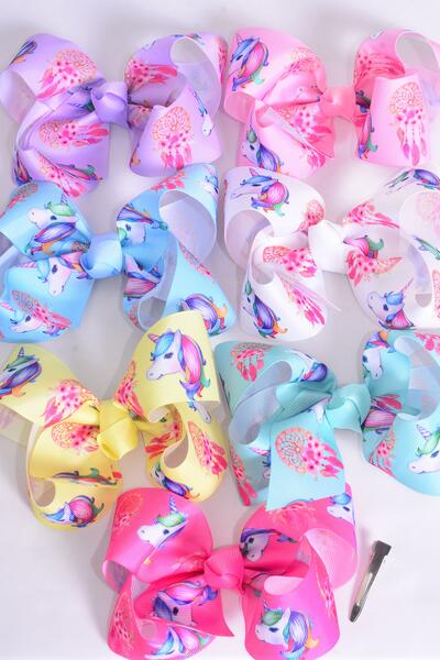 Hair Bow Jumbo Unicorn Dream Catcher Grosgrain Bow-tie / 12 pcs Bow = Dozen Alligator Clip , Size - 6" x 5" Wide , 2 White ,2 Baby Pink , 2 Lavender , 2 Blue , 2 Yellow ,1 Peach ,1 Mint Green Color Asst ,Clip Strip & UPC Code