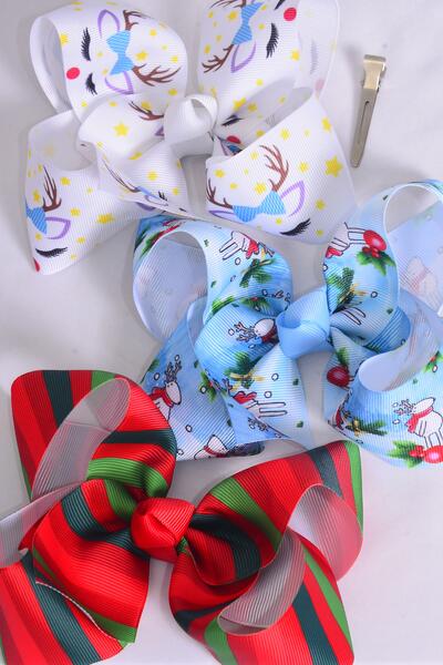 Hair Bow Jumbo Christmas Tree Moose Candy Strip Pattern Mix Grosgrain Bow-tie / 12 pcs Bow = Dozen  Christmas , Alligator Clip , Size - 6" x 5" Wide , 4 Grinch , 4 Tree , 4 HoHo Pattern Asst , Clip Strip & UPC Code