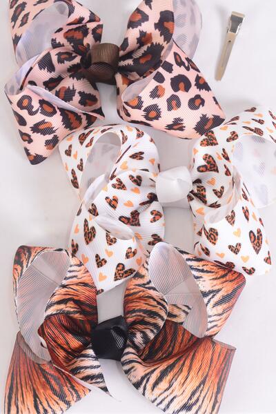 Hair Bow Jumbo Animal Pattern Mix Grosgrain Bow-tie / 12 pcs Bow = Dozen Alligator Clip , Size - 6" x 5" Wide , 4 of each Pattern Asst , Clip Strip and UPC Code