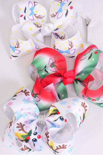 Hair Bow Jumbo Christmas Reindeer Grosgrain Bow-tie / 12 pcs Bow = Dozen Christmas , Alligator Clip , Size -  6" x 5" Wide , 4 Of Each Pattern Asst , Clip Strip & UPC Code