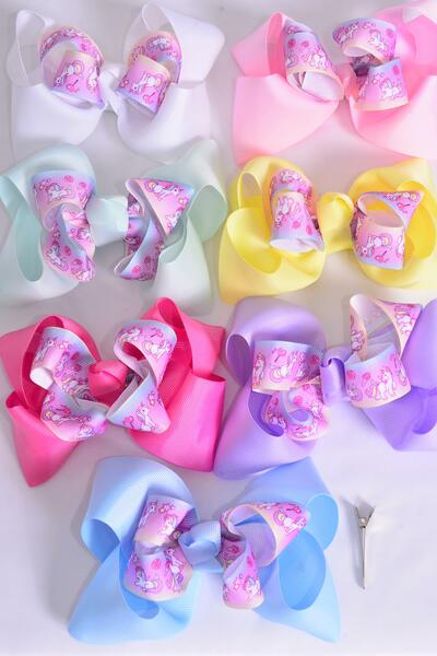 Hair Bow Jumbo Double Layered Rainbow Unicorn Grosgrain Bowtie Pastel / 12 pcs Bow = Dozen Alligator Clip , Size - 6" x 5", 2 White , 2 Pink , 2 Lavender , 2 Hot Pink , 2 Mint Green , 1 Blue, 1 Yellow Color Asst , Clip Strip and UPC Code