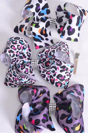 Hair Bow Jumbo Leopard Pattern Mix Grosgrain Bow-tie / 12 pcs Bow = Dozen  Alligator Clip , Size - 6" x 5" Wide , 4 Of Each Pattern Asst , Clip Strip and UPC Code