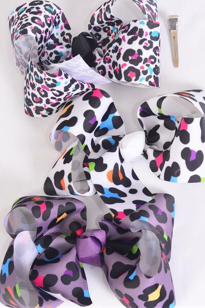Hair Bow Jumbo Leopard Pattern Mix Grosgrain Bow-tie / 12 pcs Bow = Dozen  Alligator Clip , Size - 6" x 5" Wide , 4 Of Each Pattern Asst , Clip Strip and UPC Code