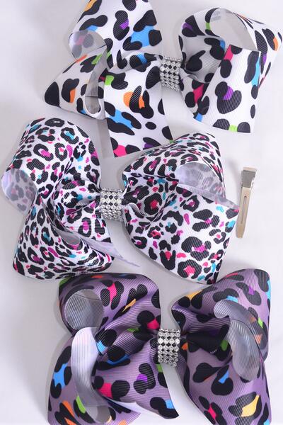 Hair Bow Jumbo Leopard Pattern Mix Grosgrain Bow-tie / 12 pcs Bow = Dozen  Alligator Clip , Size - 6" x 5" Wide , 4 Of Each Pattern Asst , Clip Strip and UPC Code