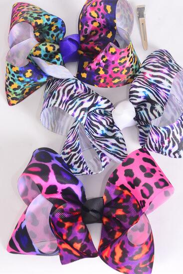 Hair Bow Jumbo Animal Pattern Mix Grosgrain Bow-tie / 12 pcs Bow = Dozen Alligator Clip , Size - 6" x  5" Wide , 4 Of Each Pattern Asst , Clip Strip and UPC Code