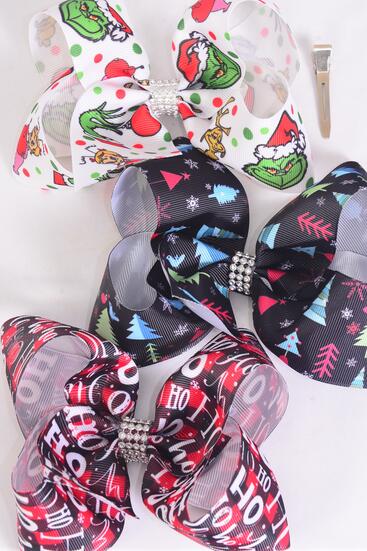 Hair Bow Jumbo Christmas Tree Grinch Hoho Pattern Mix Grosgrain Bow-tie / 12 pcs Bow = Dozen Christmas , Alligator Clip , Size - 6" x 5" Wide , 4 Grinch , 4 Tree , 4 HoHo Pattern Asst , Clip Strip & UPC Code