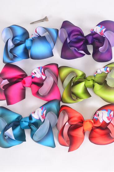 Hair Bow Jumbo Gradient Unicorn Grosgrain Bow-tie / 12 pcs Bow = Dozen Unicorn , Alligator Clip , Size - 6" x 5" Wide , 2 of each Pattern Asst , Clip Strip & UPC Code
