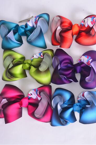 Hair Bow Jumbo Gradient Unicorn Grosgrain Bow-tie / 12 pcs Bow = Dozen Unicorn , Alligator Clip , Size - 6" x 5" Wide , 2 of each Pattern Asst , Clip Strip & UPC Code