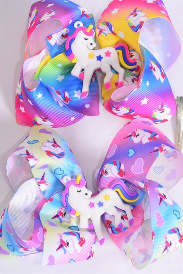 Hair Bow Jumbo Unicorn Rainbow Tiedye Grosgrain Bow-tie / 12 pcs Bow = Dozen Alligator Clip , Size - 6" x 5" Wide , 6 of each Pattern Asst , Clip Strip & UPC Code
