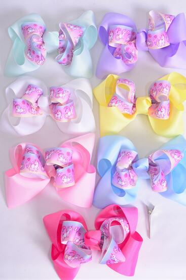 Hair Bow Jumbo Double Layered Rainbow Unicorn Grosgrain Bow-tie Pastel / 12 pcs Bow = Dozen Alligator Clip , Size - 6"x 5", 2 White , 2 Baby Pink , 2 Lavender , 2 Hot Pink , 2 Mint Green , 1 Blue , 1 Yellow Color Asst , Clip Strip & UPC Code