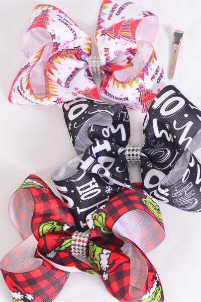 Hair Bow Jumbo Christmas Tree Grinch Hoho Pattern Mix Grosgrain Bow-tie / 12 pcs Bow = Dozen Christmas , Alligator Clip , Size - 6" x 5" Wide , 4 Grinch , 4 Christmas Tree , 4 Hoho Pattern Asst , Clip Strip & UPC Code