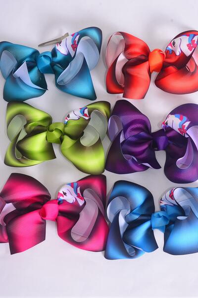 Hair Bow Jumbo Gradient Unicorn Grosgrain Bow-tie / 12 pcs Bow = Dozen Unicorn , Alligator Clip , Size - 6" x 5" Wide , 2 of each Pattern Asst , Clip Strip & UPC Code