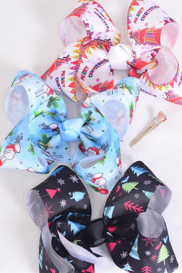Hair Bow Jumbo Christmas Tree Deer Merry Christmas Mix Grosgrain Bow-tie / 12 pcs Bow = Dozen Alligator Clip , Size - 6" x 5" Wide , 4 Of Each Pattern Asst , Clip Strip & UPC Code