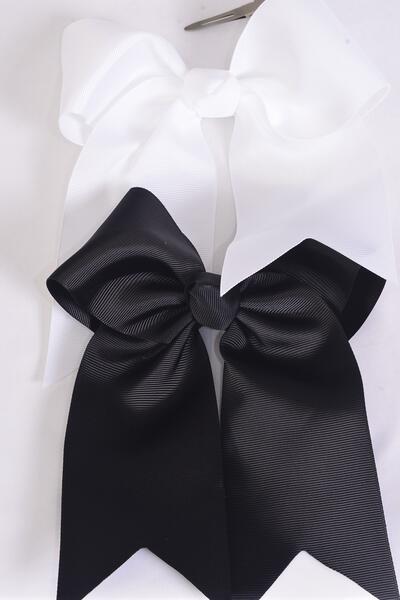 Hair Bow Extra Jumbo Long Tail Cheer Type Bow Black White Mix Grosgrain Bow-tie / 12 pcs bow = Dozen Alligator Clip , Size - 6.5" x 6" Wide , 6 Black , 6 White Asst , Clip Strip & UPC Code