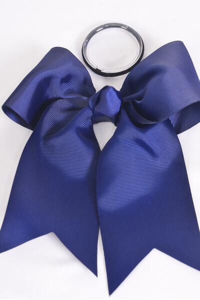 Hair Bow Extra Jumbo Long Tail Cheer Type Bow Navy Elastic Grosgrain Bow-tie / 12 pcs Bow = Dozen Navy , Elastic , Size - 6.5" x 6" Wide , Clip Strip & UPC Code