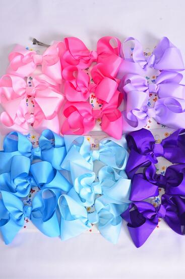 Hair Bows Large 36 pcs Grosgrain Bow-tie Spring Mix / 12 card = Dozen  Alligator Clip , Bow Size - 4" x 3" Wide , 2 Baby Pink , 2 Hot Pink , 2 Lavender , 2 Purple , 2 Baby Blue , 2 Turquoise Mix , OPP bag & UPC Code