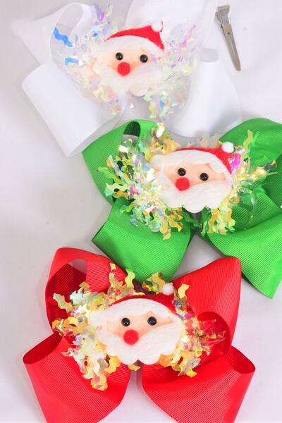 Hair Bow Jumbo Christmas Santa Iridescent Grosgrain Bow-tie / 12 pcs Bow = Dozen Alligator Clip , Bow - 6" x 5" Wide , 4 Of each Pattern Asst , Clip Strip & UPC Code