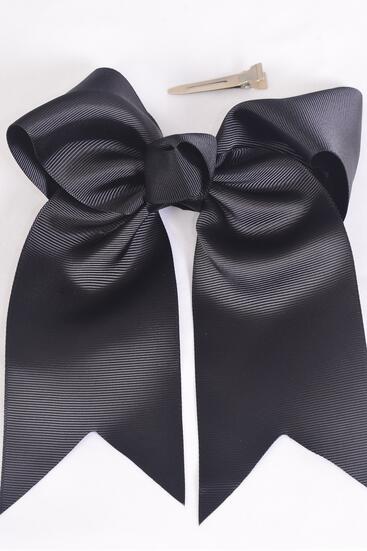 Hair Bow Extra Jumbo Long Tail Cheer Type Bow Black Grosgrain Bow-tie / 12 pcs Bow = Dozen  Black , Alligator Clip , Size - 6.5" x 6" Wide , Clip Strip & UPC Code