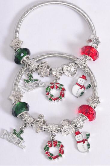 Bracelet Charm Bracelet XMAS Enamel Wreath Snowman Noel Charm Mix / 12 pcs = Dozen Christmas , Stretch , Hang Tag & Opp Bag & UPC Code