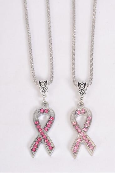 Necklace Chain Pink Ribbon Rhinestone Pendant / 12 pcs = Dozen Match 25033  Pendant - 1.5" x 0.5" Wide , 18" Long , 6 of each Color Asst , Display Card & OPP bag & UPC Code