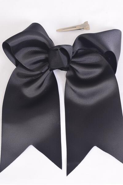Hair Bow Extra Jumbo Long Tail Cheer Type Bow Black Grosgrain Bow-tie / 12 pcs Bow = Dozen  Black , Alligator Clip , Size - 6.5" x 6" Wide , Clip Strip & UPC Code