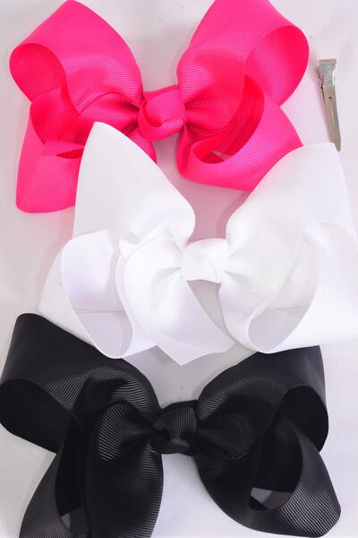Hair Bow Jumbo Black White Fuchsia Color Mix Grosgrain Bow-tie / 12 pcs = Dozen Alligator Clip , Size - 6" x 5" Wide , 4 Black 4 White , 4 Fuchsia Color Asst , Clip Strip & UPC Code . 