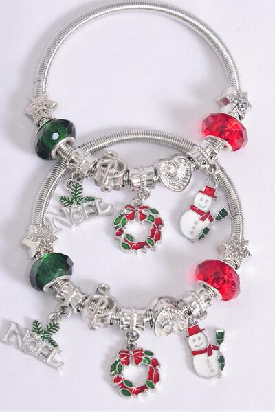 Bracelet Charm Bracelet XMAS Enamel Wreath Snowman Noel Charm Mix / 12 pcs = Dozen Christmas , Stretch , Hang Tag & Opp Bag & UPC Code