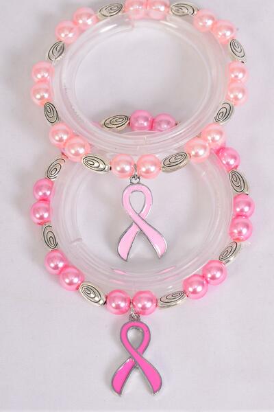 Bracelet Glass Pearl 10 mm Pink Ribbon / 12 pcs = Dozen  match 03101 Pink Ribbon , Stretch , 6 Baby Pink , 6 Hot Pink Color Asst , Hang Tag & OPP bag & UPC Code