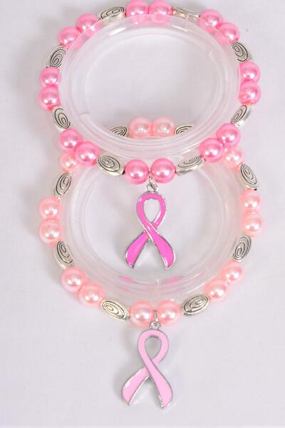 Bracelet Glass Pearl 10 mm Pink Ribbon / 12 pcs = Dozen  match 03101 Pink Ribbon , Stretch , 6 Baby Pink , 6 Hot Pink Color Asst , Hang Tag & OPP bag & UPC Code