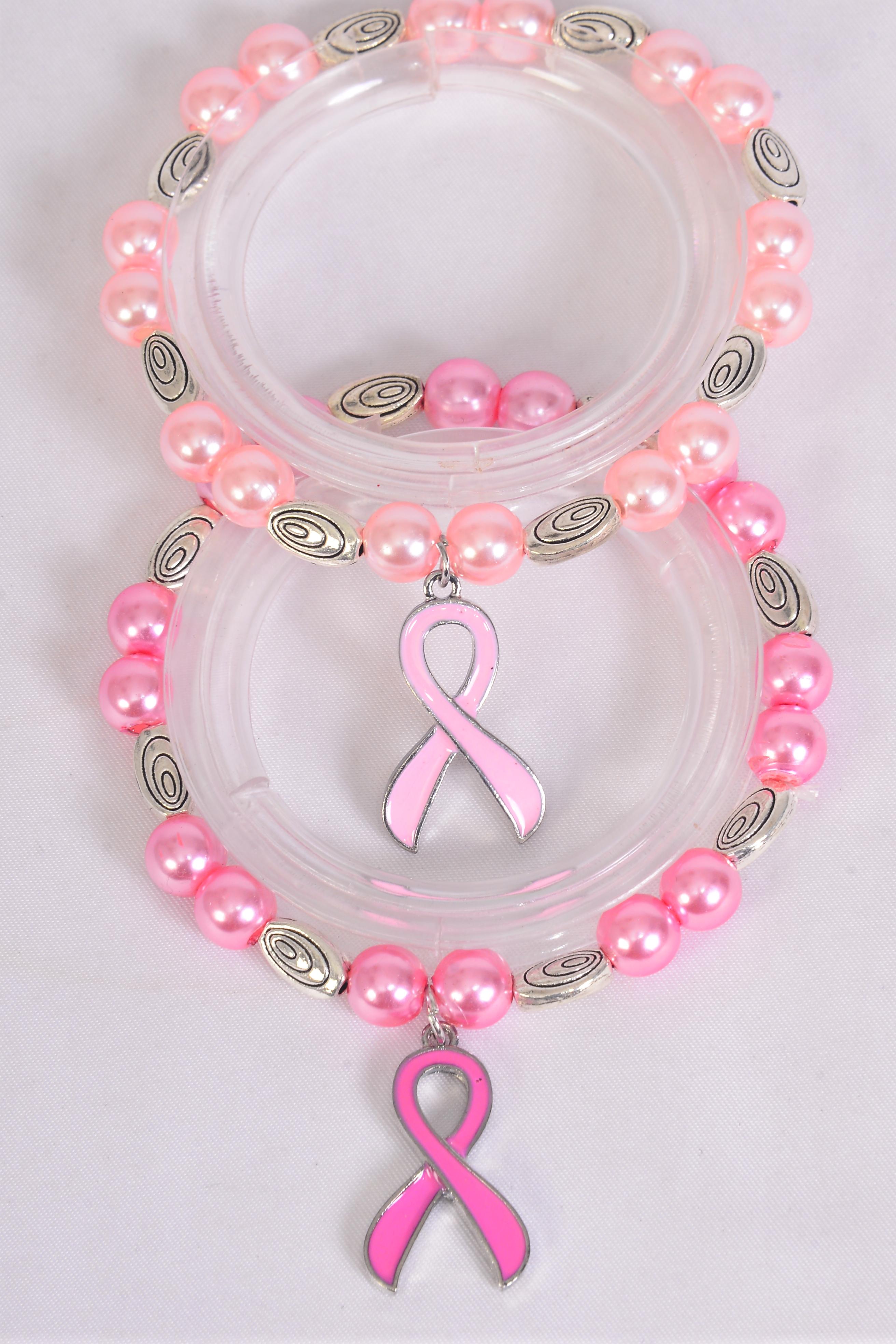 Bracelet Glass Pearl 10 mm Pink Ribbon / 12 pcs = Dozen
