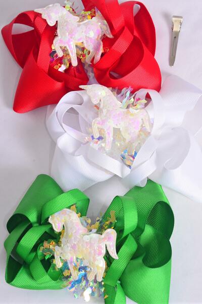 Hair Bow Jumbo Christmas Iridescent Center Unicorn Charm Grosgrain Bow-tie / 12 pcs Bow = Dozen  Unicorn , Alligator Clip , Bow - 6" x 5" Wide , 4 Of each Pattern Asst , Clip Strip & UPC Code