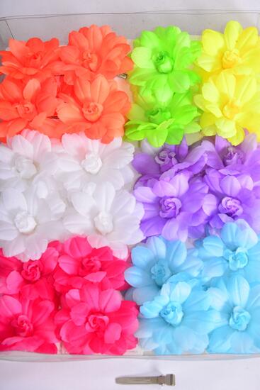 Flowers 24 pcs Alligator Clip 2 tone Flowers Caribben Neon Mix / 24 pcs Flower = Dozen Flower Size - 2.75" Wide , 2 Pink , 2 Blue, 2 Purple, 2 White , 1 Orange , 1 Lime , 1 Yellow , 1 Coral Color Asst