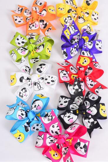 Hair Bow Jumbo Cute Pets Mix Multi Grosgrain Bow-tie / 12 pcs Bow = Dozen  Alligator Clip , Size - 6" x 5" , 2 White , 2 Bk , 2 Fuchsia , 1 Yellow , 1 Blue , 1 Rd , 1 Purple , 1 Lime , 1 Orange Mix , Clip Strip & UPC Code
