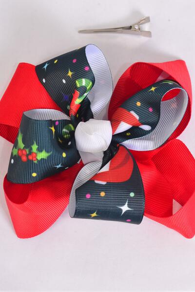 Hair Bow Double Layered Christmas Hats Candy Canes Grosgrain Bow-tie / 12 pcs = Dozen  Santa hat , Alligator Clip , Size - 6" x 5" Wide , Clip Strip & UPC Code