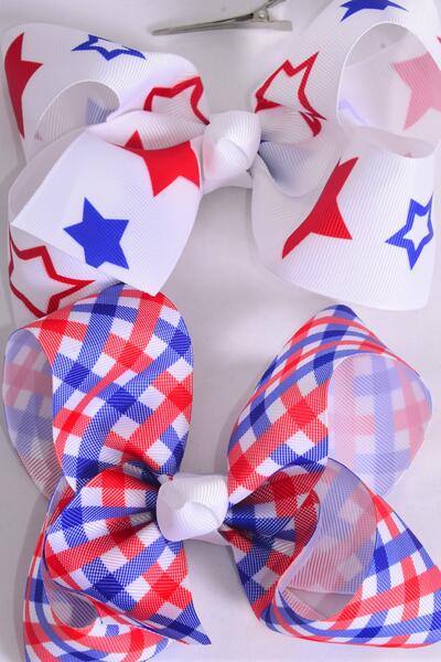 Hair Bow Jumbo Patriotic Plaid Star Pattern Mix Grosgrain Bow-tie / 12 pcs Bow = Dozen Alligator Clip , Bow - 6" x 5" Wide , 6 of each Pattern Asst , Clip Strip & UPC Code