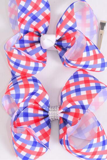Hair Bow Jumbo Plaid Grosgrain Bow-tie / 12 pcs Bow = Dozen Alligator Clip , Bow - 6" x 5" Wide , Clip Strip and UPC Code