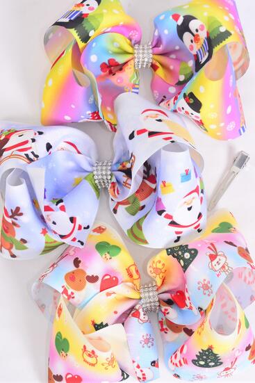 Hair Bow Extra Jumbo Cheer Type Bow Santa Christmas Day Penguin Santa Piggy Snow Day Grosgrain Bow-tie / 12 pcs Bow = Dozen  Christmas , Alligator Clip , Size - 8" x 7" Wide , 4 of each Pattern Asst , Clip Strip & UPC Code