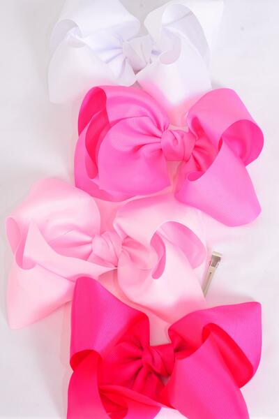 Hair Bow Extra Jumbo Cheer Type Bow Pink Mix Grosgrain Bow-tie / 12 pcs Bow = Dozen  Alligator Clip , Size - 8" x 7" Wide , 3 White , 3 Baby Pink , 3 Hot Pink , 3 Fuchsia Asst , Clip Strip & UPC Code