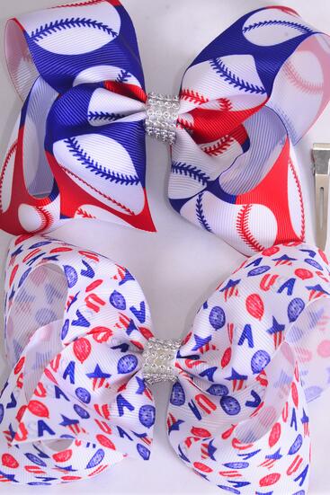 Hair Bow Jumbo Patriotic Baseball USA Pattern Mix Grosgrain Bow-tie / 12 pcs Bow = Dozen Alligator Clip , Bow - 6" x 5" Wide , 6 of each Pattern Asst , Clip Strip & UPC Code