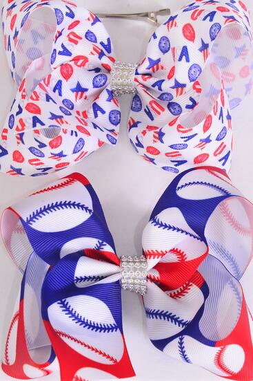 Hair Bow Jumbo Patriotic Baseball USA Pattern Mix Grosgrain Bow-tie / 12 pcs Bow = Dozen Alligator Clip , Bow - 6" x 5" Wide , 6 of each Pattern Asst , Clip Strip & UPC Code