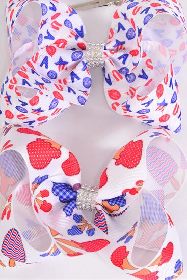 Hair Bow Jumbo Patriotic USA Ice Cream Popsicle Pattern Mix Grosgrain Bow-tie / 12 pcs Bow = Dozen Alligator Clip , Bow - 6" x 5" Wide , 6 of each Pattern Asst , Clip Strip & UPC Code