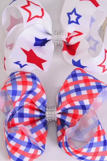 Hair Bow Jumbo Patriotic Plaid Star Pattern Mix Grosgrain Bow-tie / 12 pcs Bow = Dozen Alligator Clip , Bow - 6" x 5" Wide , 6 of each Pattern Asst , Clip Strip & UPC Code